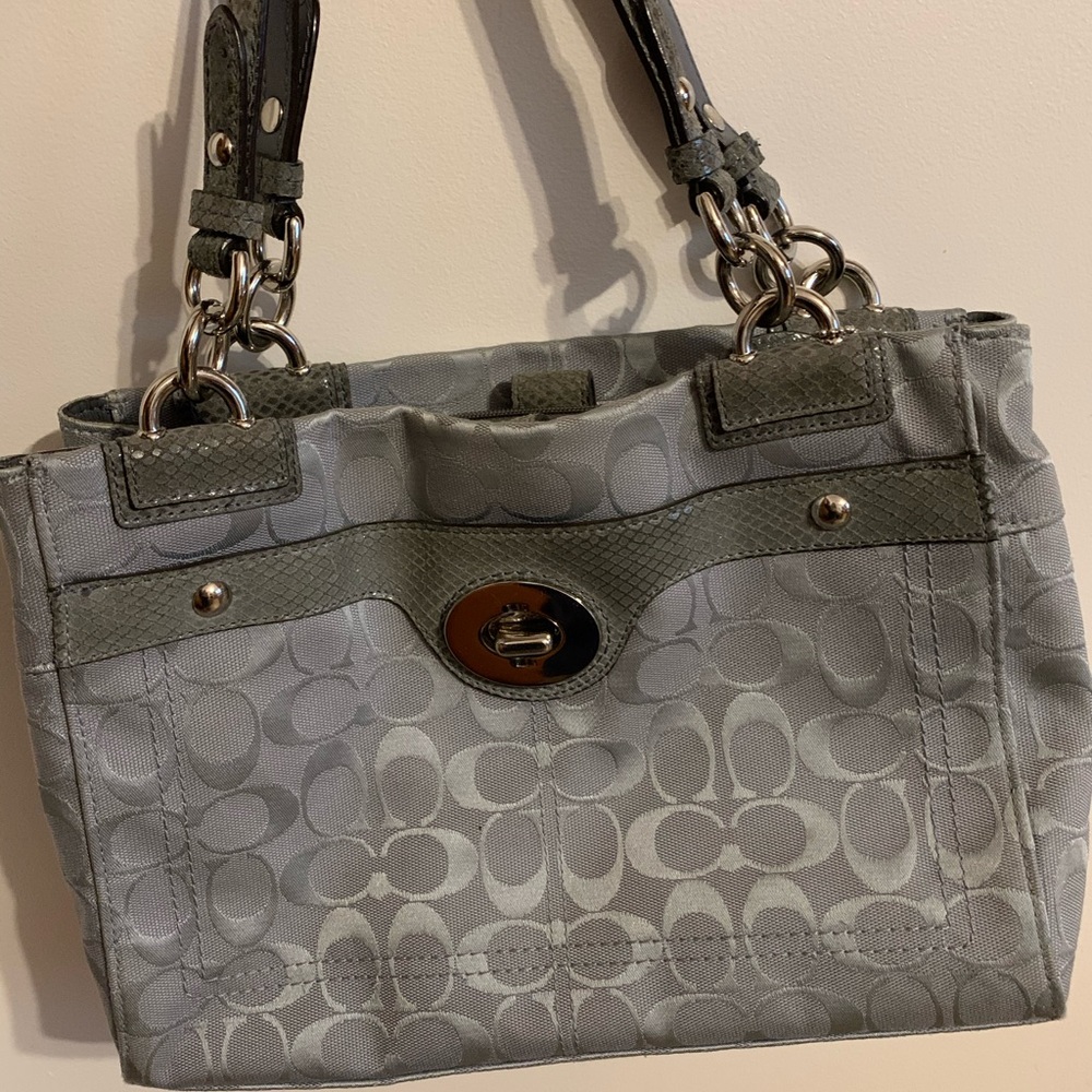 Grey fabric Coach satchel. Leather detail.